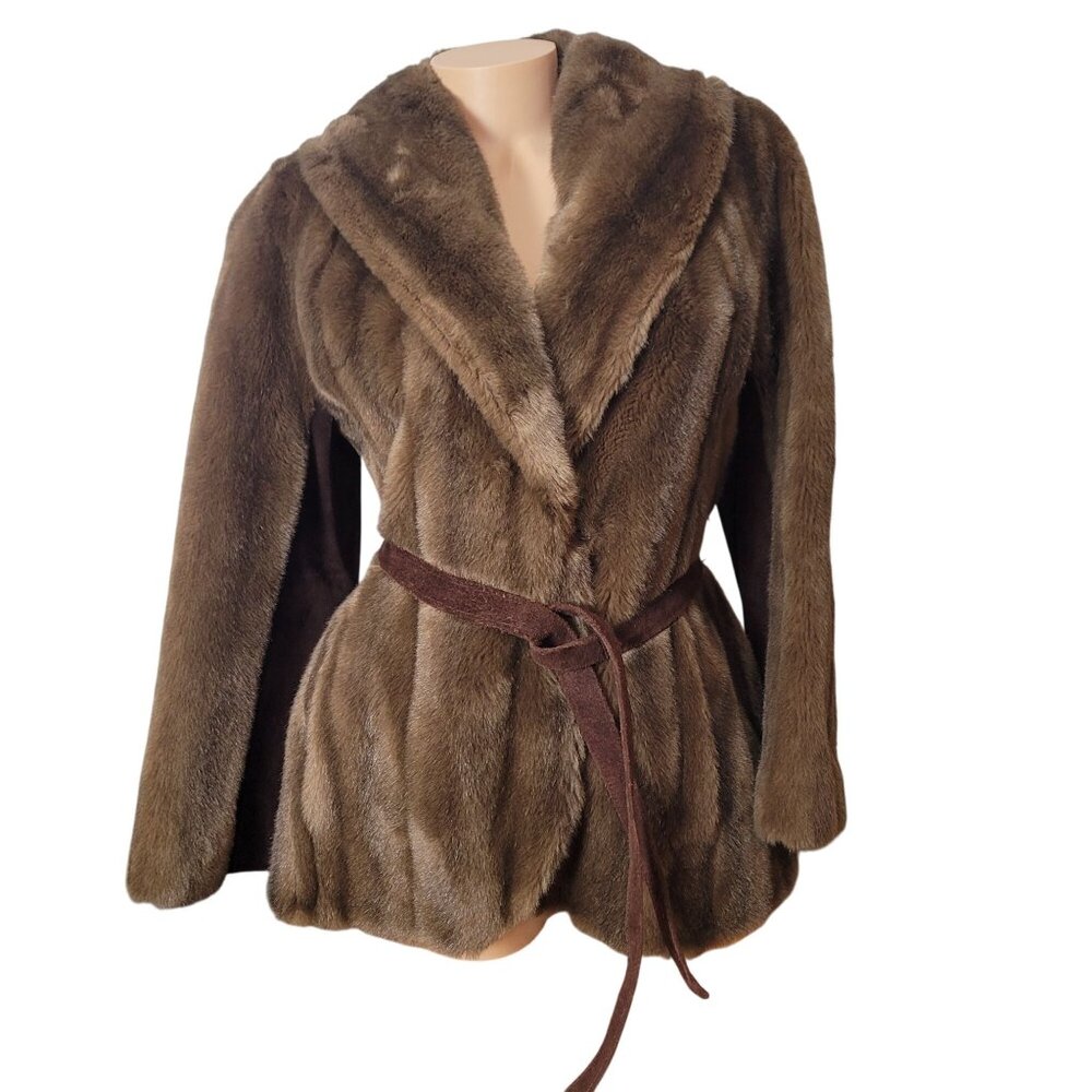 Luxurious Faux Fur & Leather Belted Coat Jacket Made In England - Picture 15 of 16